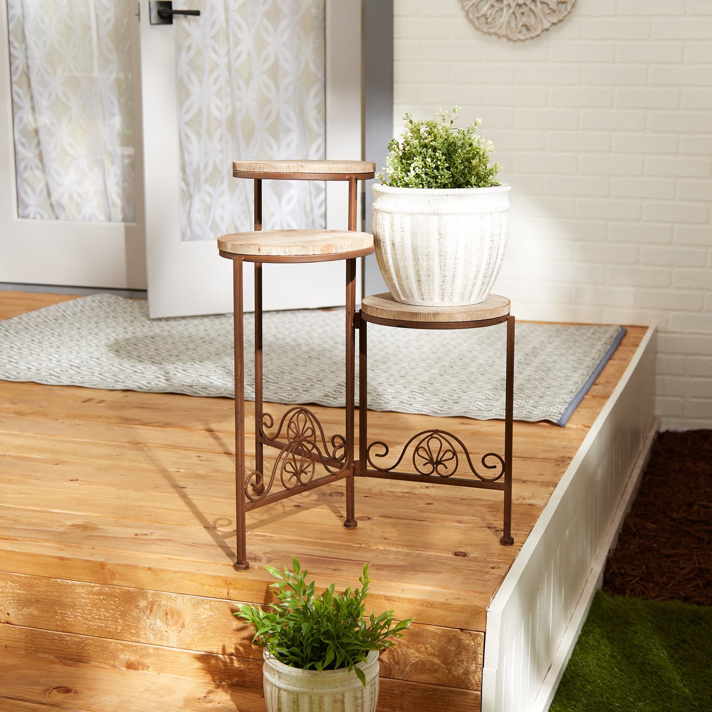 Weathered Wood Rustic Finish Triple Plant Stand Indoor-Outdoor