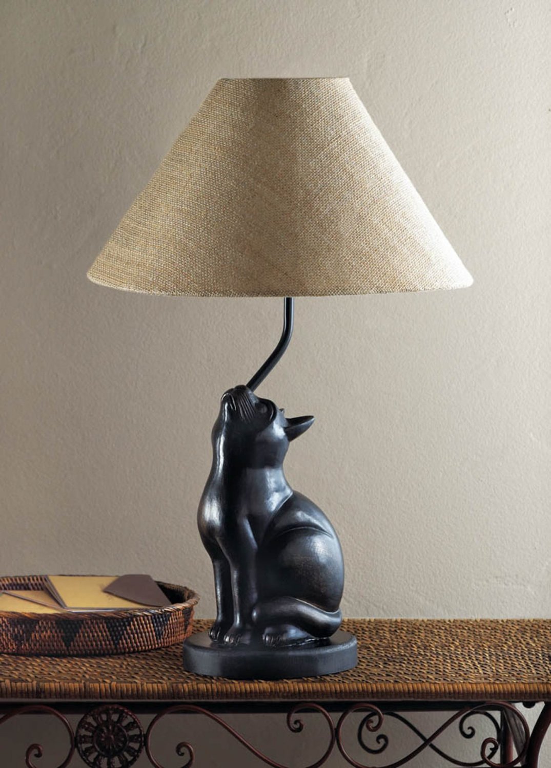 CURIOUS BLACK CAT TABLE LAMP W/BURLAP NEUTRAL SHADE