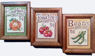 FINISHED AND FRAMED Pumpkins, Tomatoes and Beans Counted Cross Stitcheries