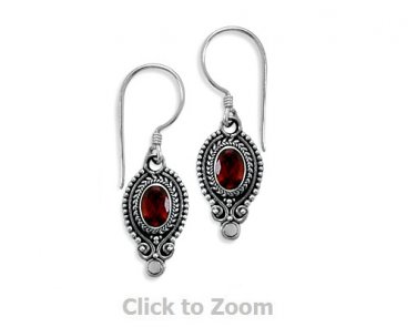 Sterling Silver Oval Faceted Garnet Oxidized Edge Earrings on French Wire 62389