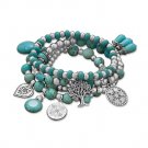 Set of 4 Silver Tone Multicharm Fashion Stretch Bracelets with Turquoise