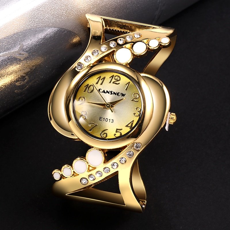 Women Beautuful Cuff Watch with Rhinestone Crystals Golden Bracelet ...