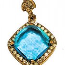 Diamond Blue Topaz 925K Sterling Silver Square Pendant Brand New 7/8"