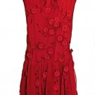 Bicici Red 100% Silk Spaghetti Strap Flower Petal Sequins Beaded Evening Dress M