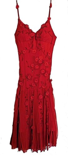 Bicici Red 100% Silk Spaghetti Strap Flower Petal Sequins Beaded Evening Dress M