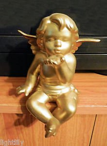 Hand Painted Gold Ceramic Shelf Angel Blowing Kisses Brand New