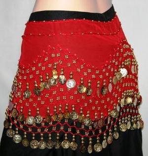 RED Burlesque Gypsy Belly Dance Dancing Gold COIN HIP SHIMMY SCARF BELT WRAP