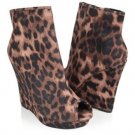 Women Zip Up Leopard Print Peep Toe Suedette Platform Wedges Mid Calf Boot Shoes