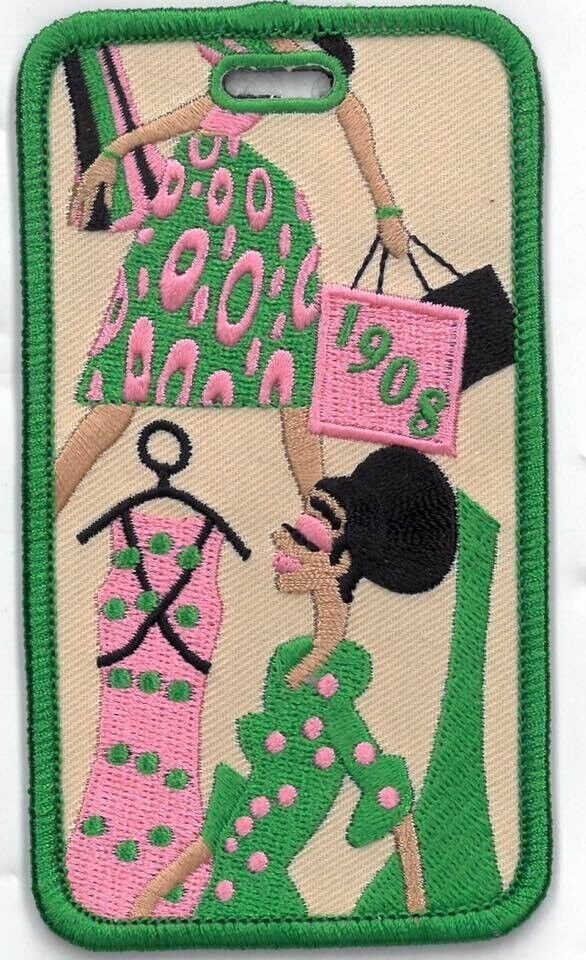 1908 Pink and Green Embroidered Diva Lady Luggage Tag