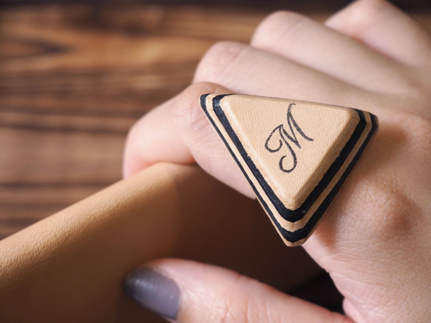 Initial Leather Ring - Name, Handmade Triangle, Custom initial, monogram #Black
