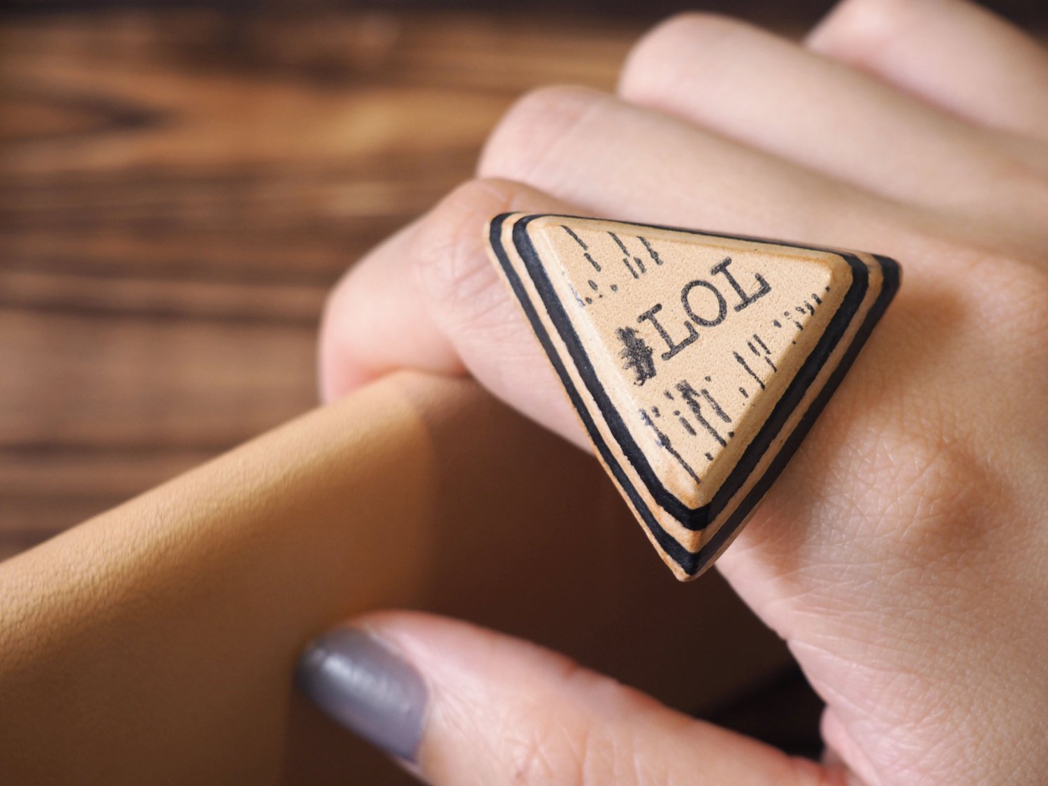 LOL Leather Ring - Laugh Out Loud Letters, Triangle, Text talk, Custom initial#Black
