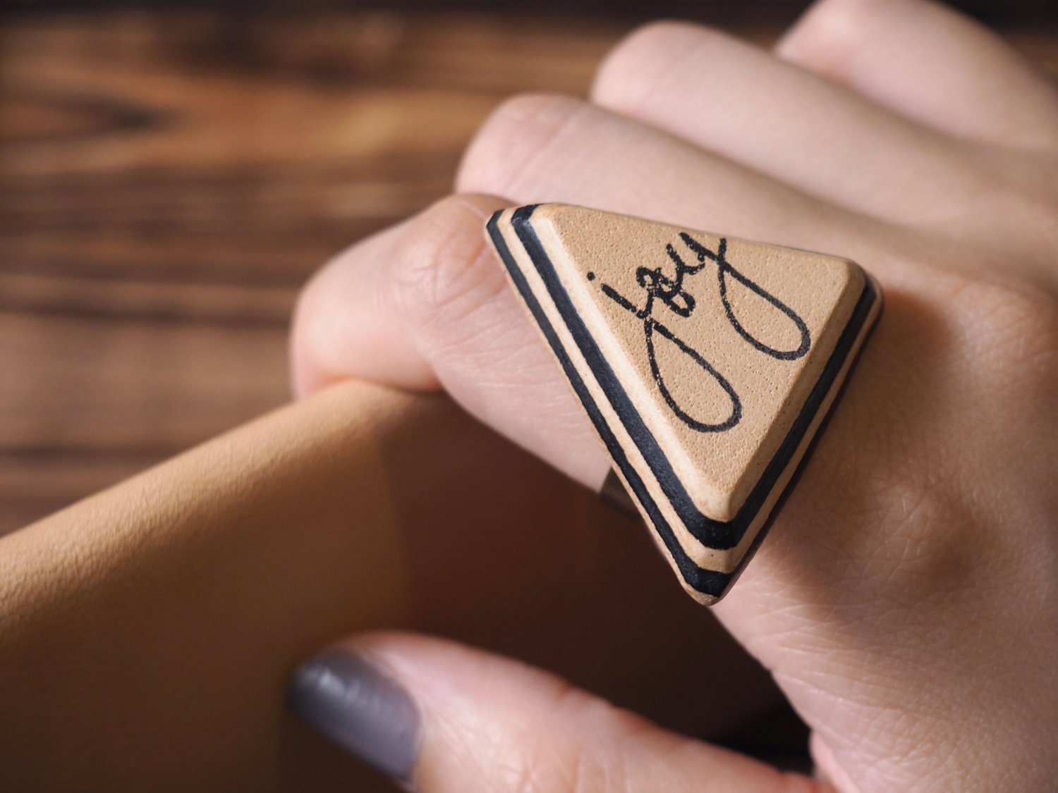 Joy Leather Ring - Adjustable, Handmade Triangle #Black