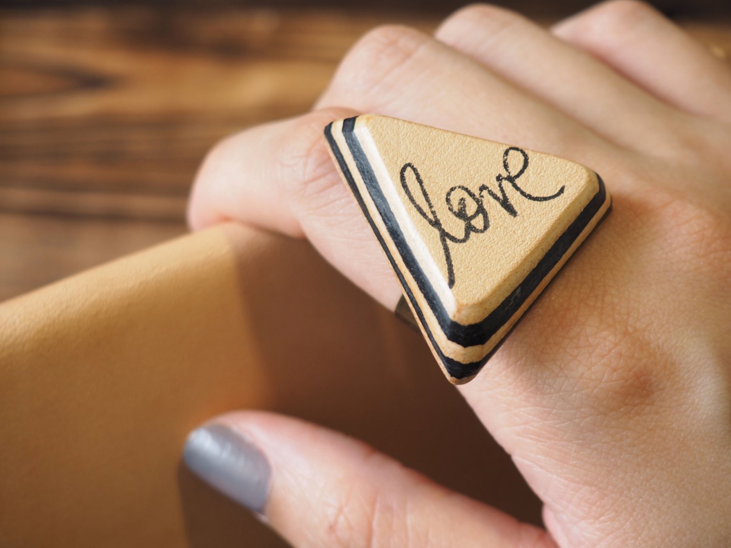 Handmade Leather Love Adjustable Rings Triangle Funny gifts Personalized gifts for her #Black