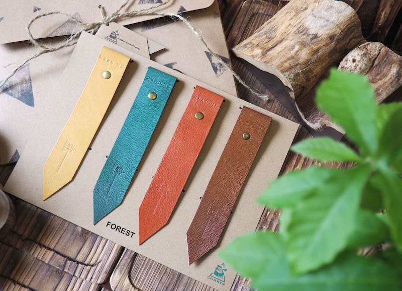 Natural Forest Leather Bookmark Gift Set - Handmade Hand stitched Book Mark, Minimal