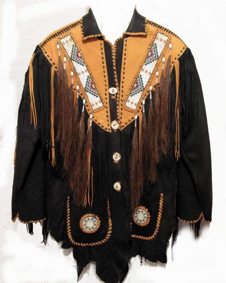Mens Black Western Leather Jacket With Brown Fringe, Bone Beads XS to 6XL