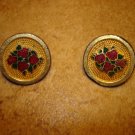 Set of 2 vintage brass buttons with red roses.