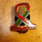 Deeds above words all metal pin back pin made in USA.