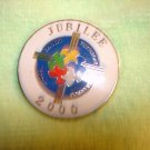 Large silver metal button with 2000 Jubilee Christ yesterday logo.