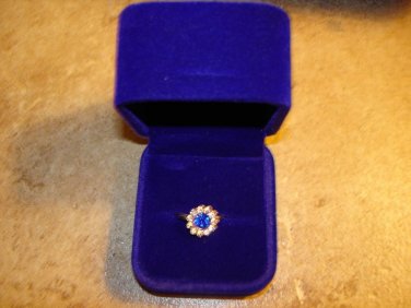 14k Gold plated ring with blue & white rhinestones in gift box.