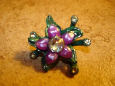 Pewter flower shape painted metal button with rhinestones.