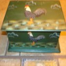 Old green wood box with painted rooster & inside dividers.