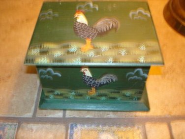 Old green wood box with painted rooster & inside dividers.