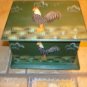 Old green wood box with painted rooster & inside dividers.