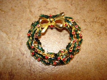 Christmas wreath BROOCH pin with tiny red rhinestones.