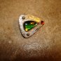 Triangle shape silver metal button with green and red stone.