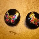 Lot of 2 black  plastic buttons with colorful butterflies.