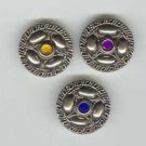 Lot of three (3) silver metal buttons with colorful rhinestones.