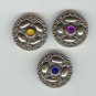 Lot of three (3) silver metal buttons with colorful rhinestones.