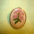 Oval shape gold metal cloisonne pin back pin with pink flowers. Oval shape gold metal cloisonne pin back pin with pink flowers.
