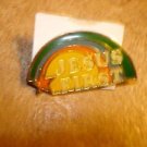 All metal pinback pin Jesus First with rainbow & star.