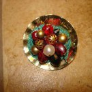 Gold metal bowl shape button with glass, metal & pearl beads.