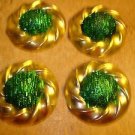 Lot of 4 large gold metal buttons with dome shape green glitters.