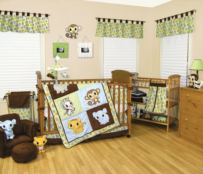 Trend Lab Chibi Zoo Boys Blue Green Brown Baby Zoo Animals 9 Piece Crib Bedding