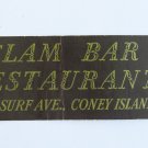 Clam Bar Restaurant Coney Island New York Full-Length 20 Strike Matchbook Cover Clam Bar Restaurant Coney Island New York Full-Length 20 Strike Matchbook Cover
