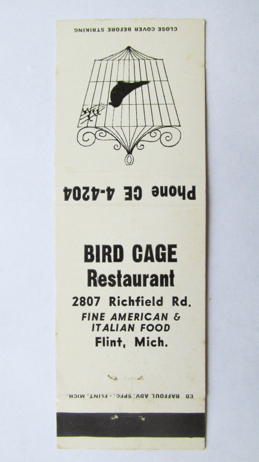 Bird Cage Restaurant Flint, Michigan 20 Strike Matchbook Cover MI