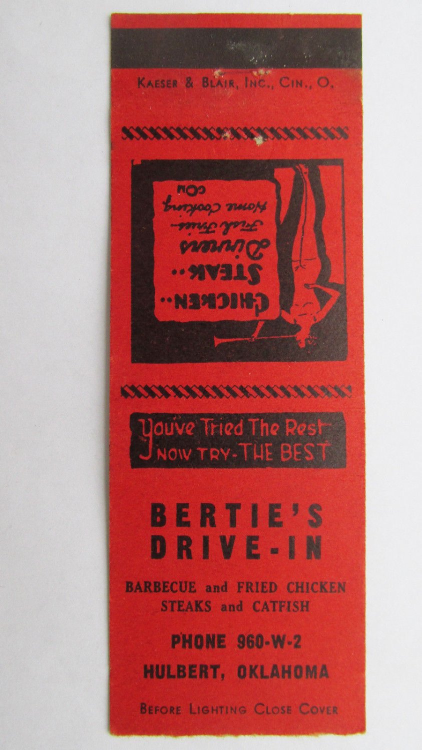 Bertie's DriveIn Hulbert, Oklahoma Restaurant 20 Strike Matchbook