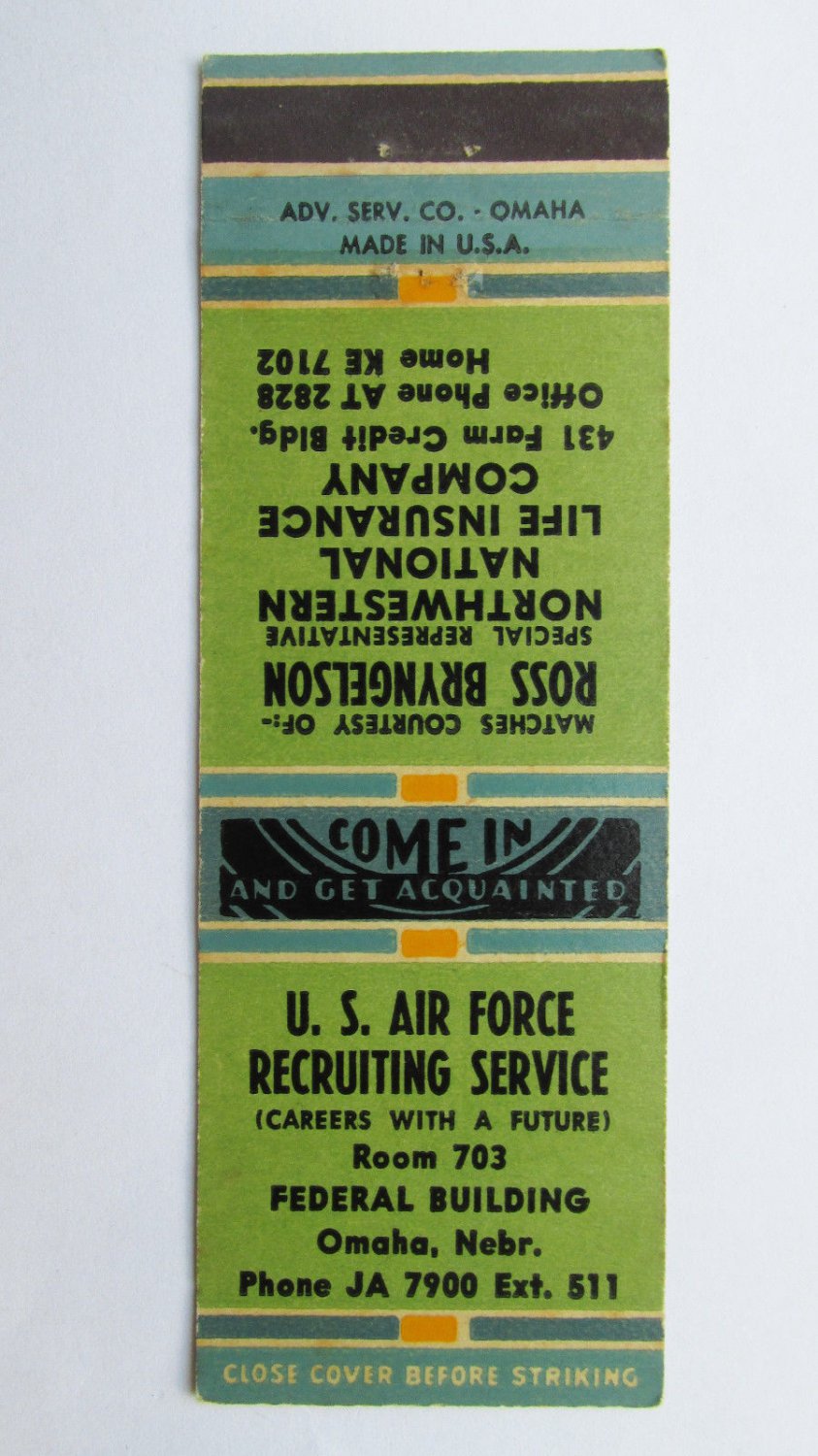 US Air Force Recruiting Omaha, Nebraska 20 Strike Military Matchbook Cover NE