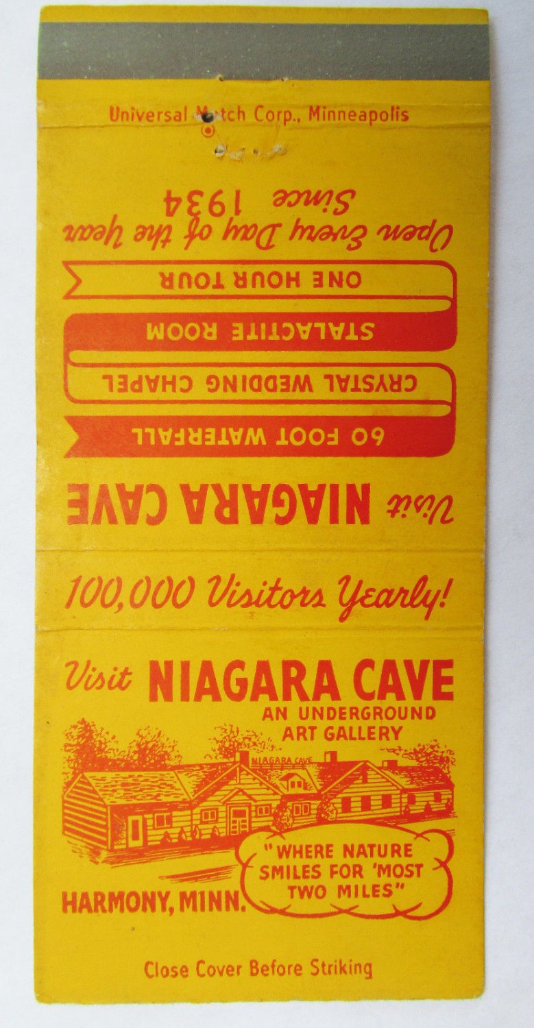 Niagara Cave - Harmony, Minnesota 30 Strike Matchbook Cover Map Aristocrat Match