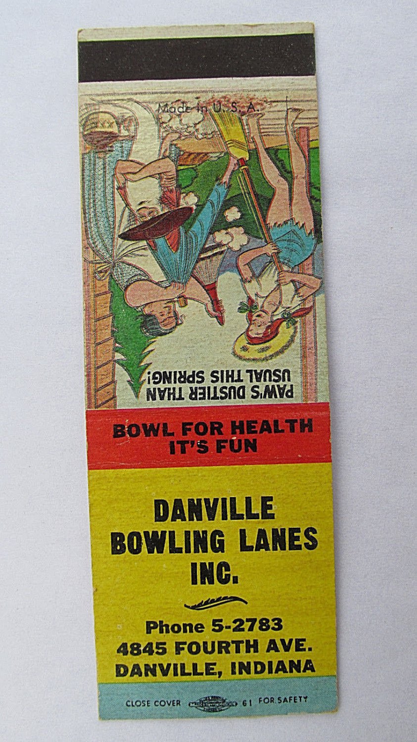 Danville Bowling Lanes Indiana 20 Strike Matchbook Cover Hillbilly