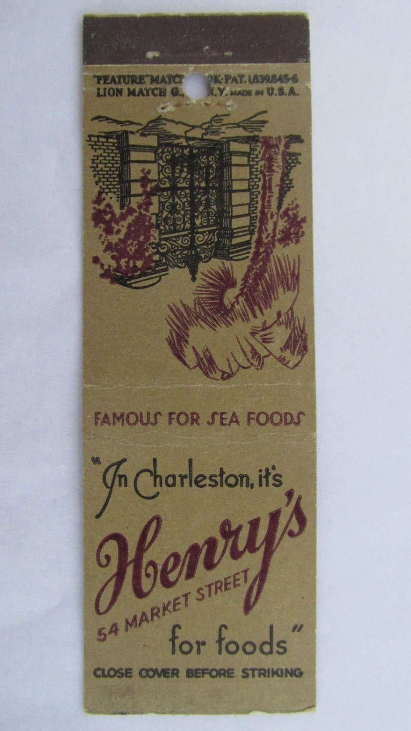 Henry's - Charleston, SC South Carolina Restaurant 20 Strike Matchbook
