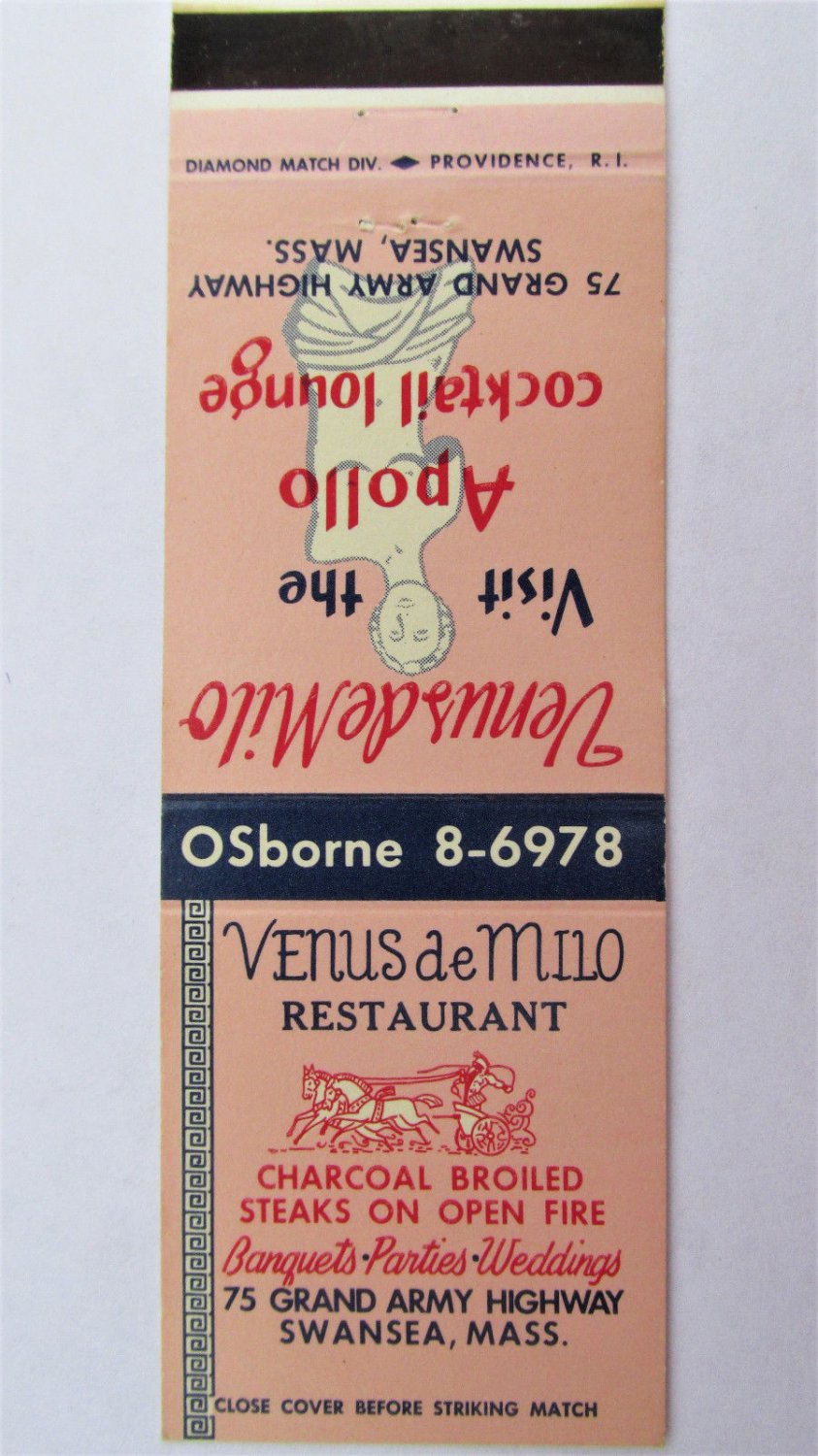 Venus de Milo Restaurant - Swansea, Massachusetts 20 Strike Matchbook ...