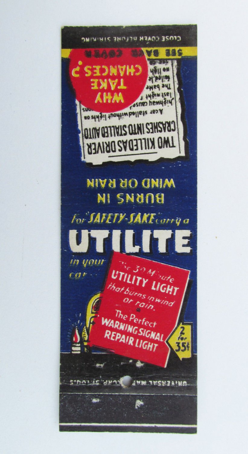 Utilite - Warning Signal Utility Light Advertisement 20 Strike Matchbook Cover