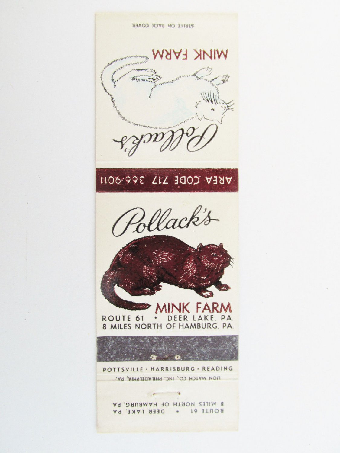 Pollack's Mink Farm - Deer Lake, Pennsylvania Hamburg 20 Strike Matchbook Cover