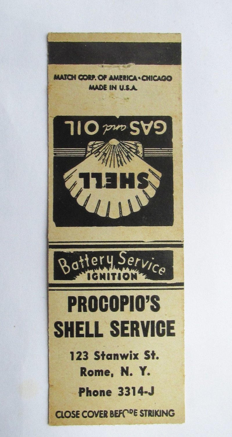 Procopio's Shell Service - Rome, New York Matchbook Cover Gas & Oil 20 Strike NY