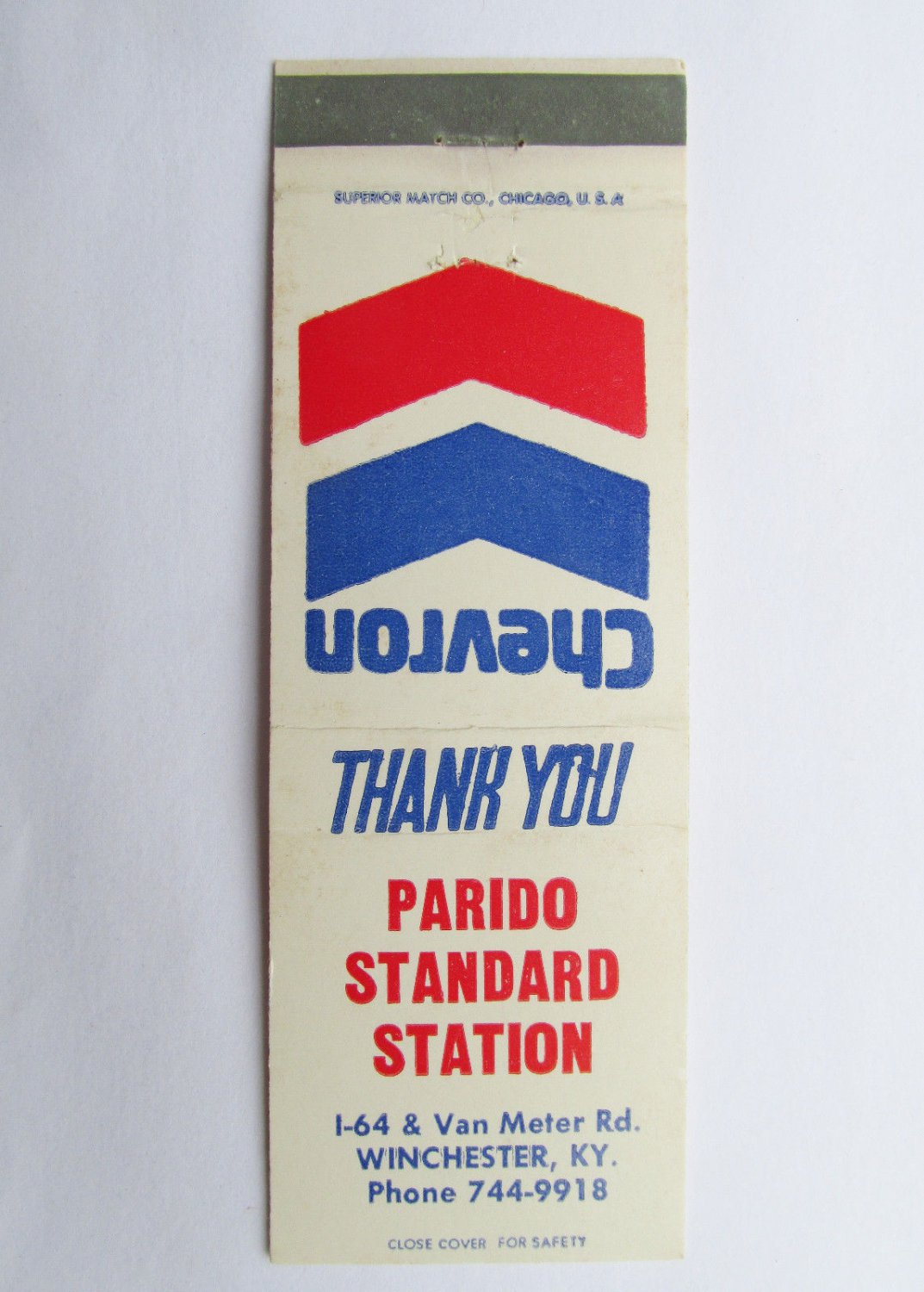Parido Standard Station Chevron - Winchester, Kentucky Service Matchbook Cover