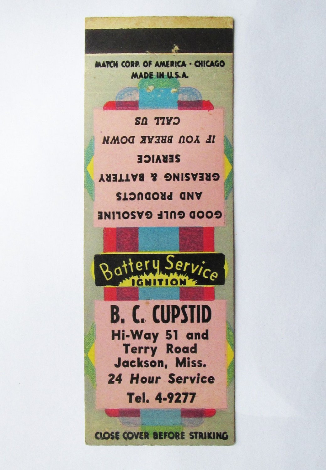 B.C. Cupstid- Jackson, Mississippi Gulf Gasoline Service Station Matchbook Cover